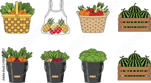 Collection of fresh garden vegetables and fruits in wicker baskets wooden crates and metal buckets for organic market vector illustration