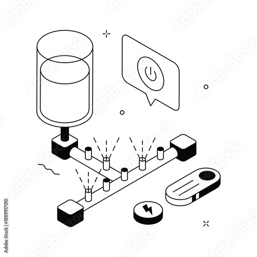 An editable isometric illustration of automated irrigation system for farming