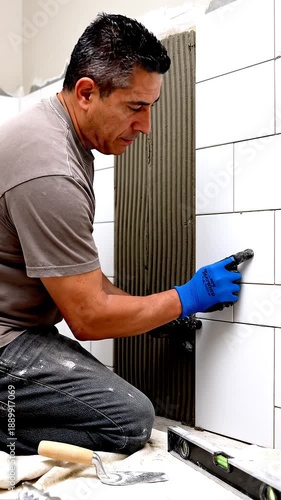 Man Tiling Bathroom Wall, Do It Yourself Home Renovation and Improvement Concept