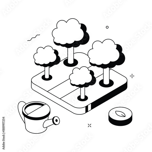 A visually appealing isometric illustration of gardening and plant care