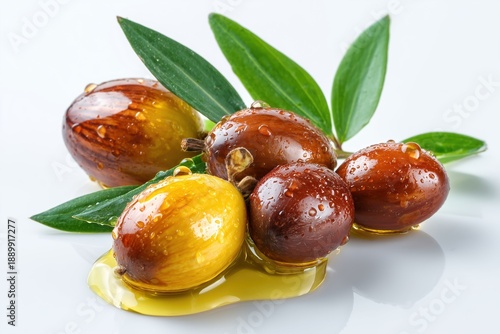 Jojoba oil on seeds isolated on white background