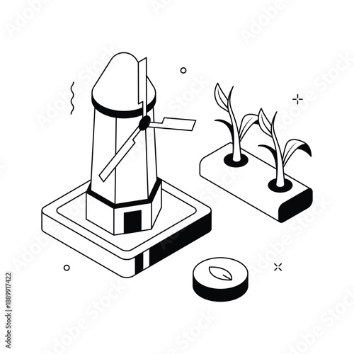 A captivating isometric illustration of windmill generating renewable farm energy
