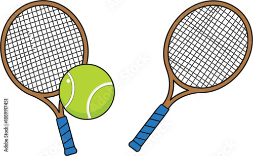 Professional tennis rackets with yellow ball sport equipment collection for outdoor activity competition and fitness vector illustration