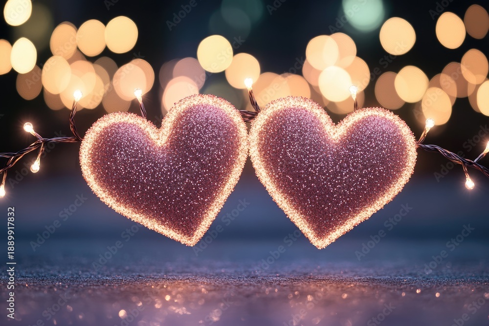 Fototapeta premium Sparkling glitter hearts floating on a radiant glowing surface