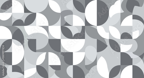 Monochromatic geometric arrangement of stylized shapes and repeating circle motifs