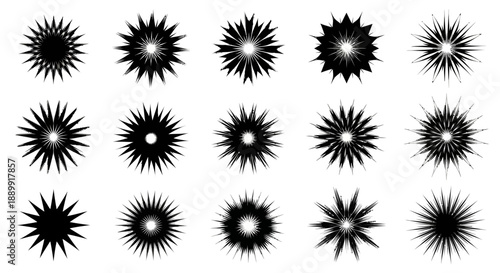 Collection of spiky starburst shapes in black ink with varying textures and designs
