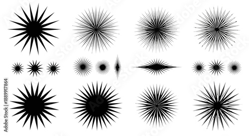 Collection of starburst elements with varied styles and grunge effects for design projects