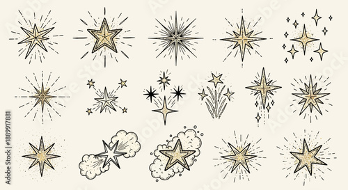 Assorted hand-drawn star illustrations in vintage style for festive design projects or celestial
