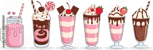 Delicious variety of colorful milkshakes and fruit parfaits with whipped cream toppings and chocolate sauce for dessert menu vector illustration