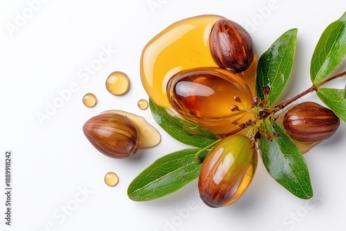 Jojoba oil on seeds isolated on white background