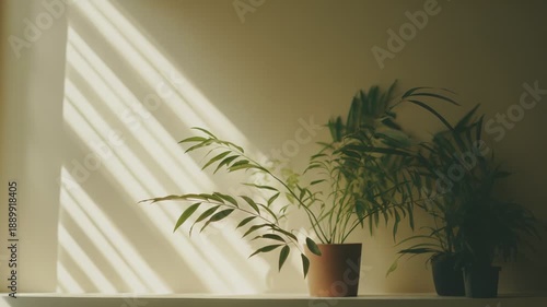 Wallpaper Mural Potted green houseplants on a shelf lit by bright sunlight, casting diagonal shadows on a warm neutral wall and creating a calm, minimal indoor garden vibe Torontodigital.ca