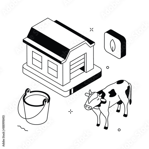 A handy isometric illustration of dairy farm milk production facility