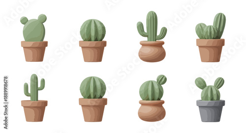 Collection of stylized potted cacti plants in various forms
