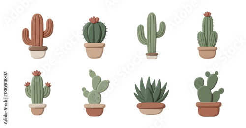 Collection of stylized potted cactus plants on black background