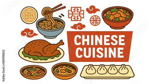 A vibrant illustration of various Chinese cuisine dishes and symbols