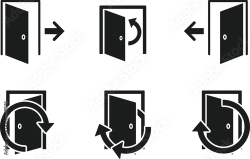 Black door icon set showing open close rotate return actions for navigation access control interface design vector ui symbols system