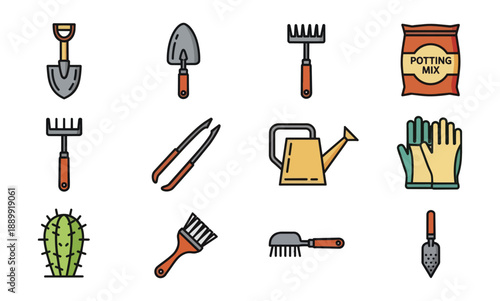 Gardening tools and equipment collection on black background