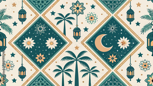 Elegant Ramadan pattern with palm trees and crescent moon