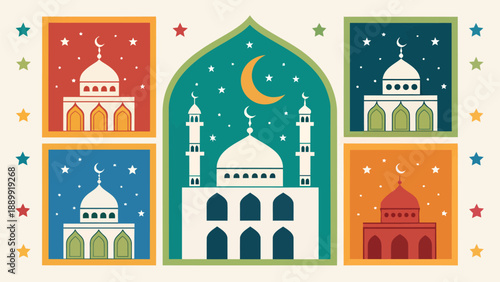 Vibrant Islamic architecture illustrations for cultural and religious celebrations
