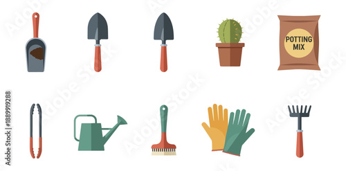 Gardening tools and supplies set isolated on black background