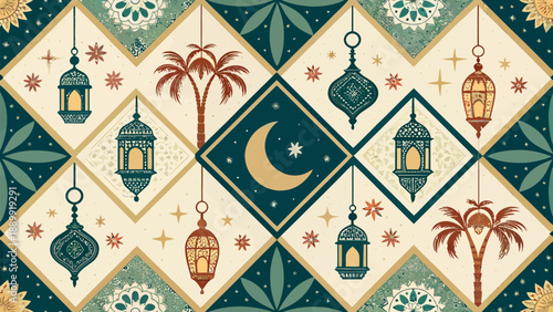 Vibrant Ramadan lanterns and palm trees in a stunning night sky