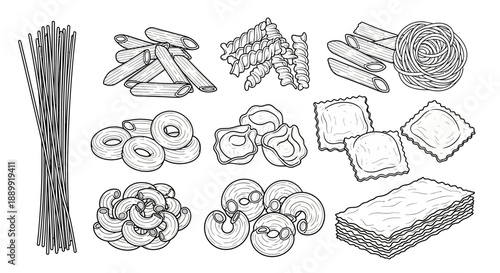 Variety of pasta shapes: A black and white line art illustration showcasing diverse pasta types
