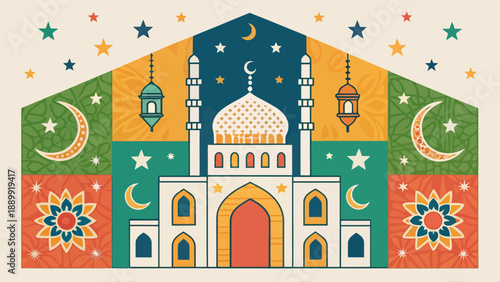 Vibrant mosque illustration with colorful stars and crescent moons