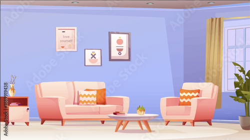 Modern Cozy Living Room Interior with Sofa and Armchair – Vector Illustration