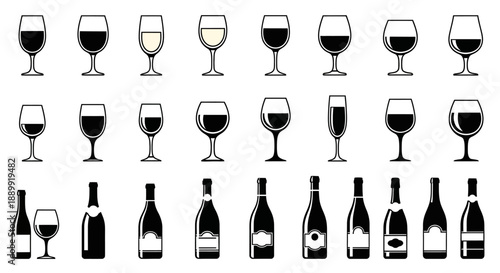 A collection of minimalistic vector illustrations showcasing diverse wine glasses and bottles in