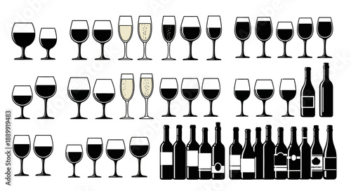 Elegant silhouette illustration showcases variety of wine glasses and bottles arrangements