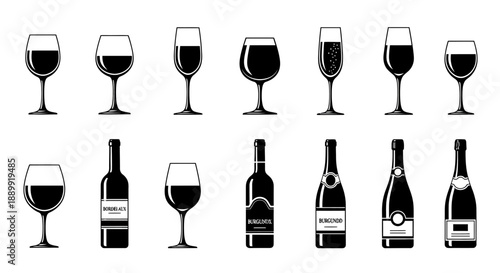 Elegant compilation of wine glasses and bottles, diverse shapes and sizes for sophisticated