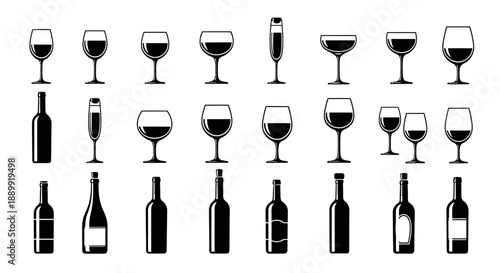 Elegant silhouette illustration of wine bottles and glasses for bar or restaurant branding