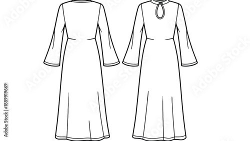 A line drawing of two long sleeved dresses with a white background