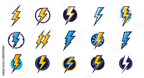 Collection of dynamic and stylized lightning bolt icons for graphic design projects inspiration