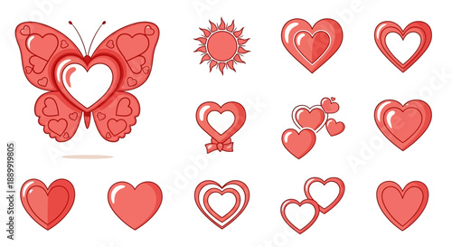 Charming collection of heart-themed designs featuring stylized butterfly sun and heart icons