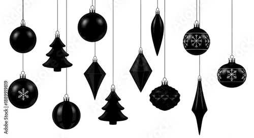 Sophisticated black christmas ornaments against white backdrop creating festive atmosphere ready