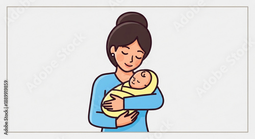 Mother Holding Newborn Baby in Her Arms, Cartoon Style, Isolated on White Background