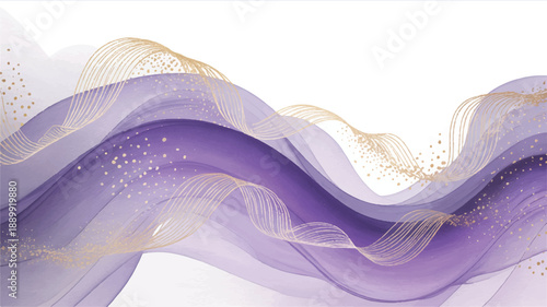 Abstract ethereal flowing waves of purple and gold, a visually stunning and serene digital art creation