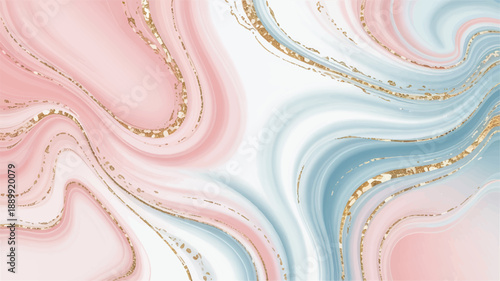Soft ethereal pink and blue marble pattern with shimmering gold accents, creating an elegant liquid abstract background texture for luxury design projects