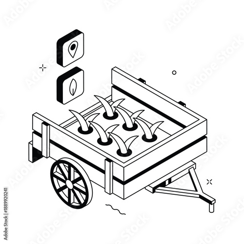 An editable isometric illustration of farm cart carrying fresh crops