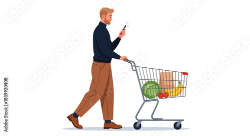 Man walking with shopping cart full of groceries, captured from a side view in a simple environment