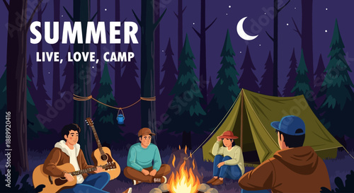 Group of friends camping together around a campfire at night in a forest under the summer sky