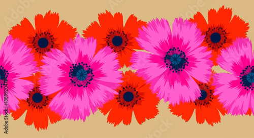 Vibrant floral arrangement of assorted flowers in a horizontal display, showcasing diverse petals and centers.