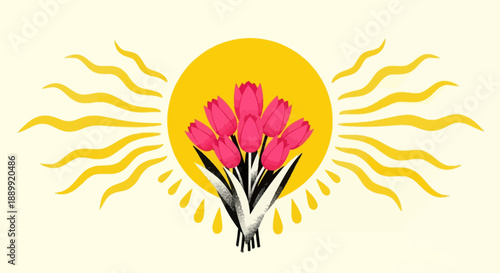 Vibrant Digital Illustration of Flowers and Sunshine Symbolizing Joy and Serenity in a Bright Environment from a Front View