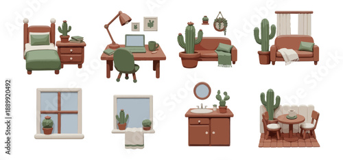 Stylized interior design elements decorative composition with cactus plants