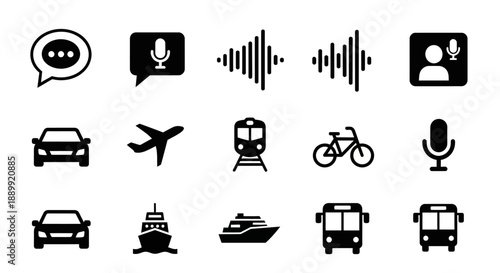 Collection of black transportation and communication icons featuring vehicles and voice elements