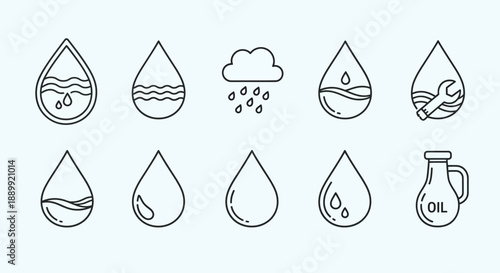 Diverse water and fluid droplet icons showcasing various concepts and elements, symbolic