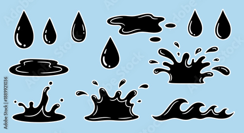 Stylized black fluid drops, splashes and spills vector illustration on light blue background