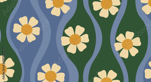 Vibrant Floral Pattern with Wavy Lines and Yellow Flowers on Green and Blue Background from Top Viewpoint