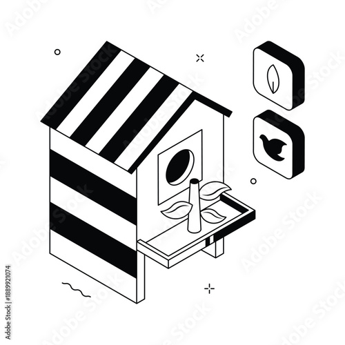 A charming isometric illustration of bird house in farm environment